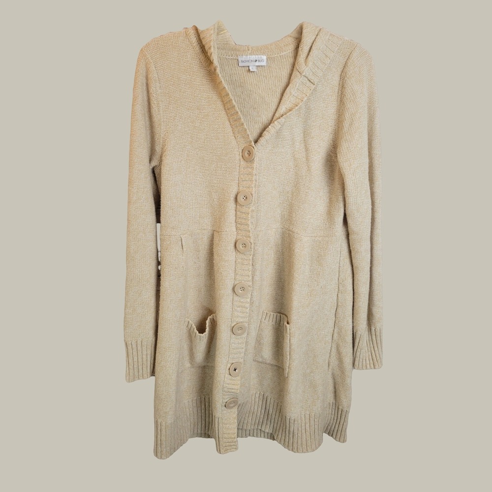 Vtg Fashion Bug Hooded Cardigan Sweater Longline Button Beige Oatmeal Large L